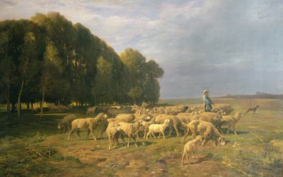 Kudde schapen in een landschap door Charles Emile Jacque